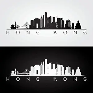 Hong Prints: Hong Kong skyline and landmarks silhouette, black and white design, vector illustration