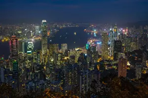 Highrise Prints: Hong Kong and Victoria Harbour cityscape at night viewed from Lugard Road near Victoria Peak