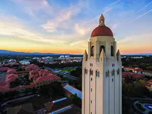 Horizon Over Land Prints: The Hoover Tower and view above Stanford at sunset in Palo Alto in California