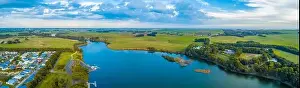 Hopkins River and grasslands - scenic aerial panorama. Warrnambool, Australia