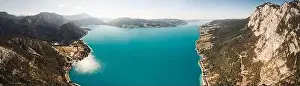 Osterreich Prints: Horizontal panorama of the Attersee (Lake Atter) in Upper Austria, Austria