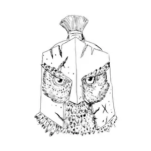 Scratched Prints: Horned Owl Spartan Helmet Drawing