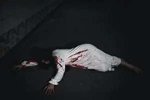 Nightmare Prints: Horror bloodthirsty woman ghost horror she death and scary at dark night in tunnel