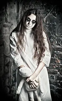 Nightmare Prints: Horror scene: the strange mysterious girl with moppet doll in hands