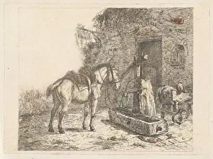 Water Pump Prints: Horse for an inn. On the right a inn with a sign with a swan
