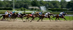 Upstate Prints: Horses sprinting down backstretch to the finish line panorama Saratoga Springs New York