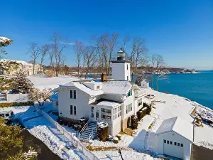 Beverly Prints: Hospital Point Lighthouse aerial view in winter in Hospital Point in city of Beverly