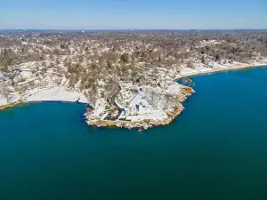 Beverly Prints: Hospital Point Lighthouse aerial view in winter in Hospital Point in city of Beverly