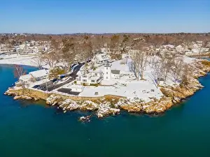 Hospital Point Lighthouse aerial view in winter in Hospital Point in city of Beverly, Massachusetts MA, USA