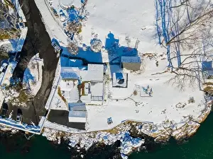 Hospital Point Lighthouse aerial view in winter in Hospital Point in city of Beverly, Massachusetts MA, USA