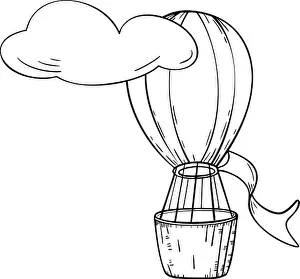 Ballon Prints: Hot air balloon and cloud of black and white contour vector illustration isolated