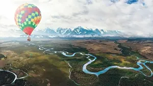Ballon Prints: Hot air balloon above high mountain at Kurai steppe and Chuya river on North-Chui ridge background