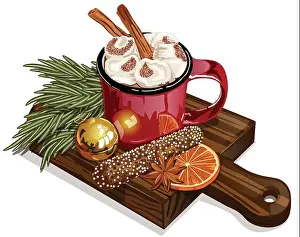Sprinkles Prints: Hot Cocoa with Marshmallows on Rustic Wooden Board with Chocolate Snack