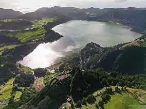 Hot Spring Prints: Hot and geothermal pools with park and mountains with forest in the background in the famous Furnas