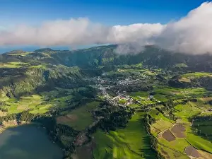 Hot Spring Prints: Hot and geothermal pools with park and mountains with forest in the background in the famous Furnas