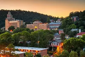 Hot Springs, Arkansas, USA town skyline from above at dawn