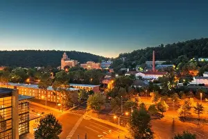 Hot Springs, Arkansas, USA town skyline from above at dawn