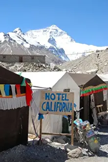 Camp Prints: Hotel California in a tent with Mt Everest Chomolungma Everest Base Camp Tibet China