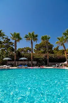 Antalya Prints: Hotel with swimming pool, palm trees and pines