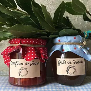 Peach Prints: Two house made jam pots in a vintage style and bay leaves