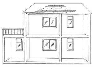 Building Design Prints: House room graphic black white empty home interior sketch illustration vector