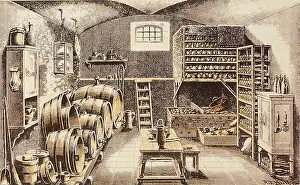 Cellars Prints: household, vessels, cellar with stocks of food