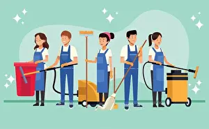 Housekeeping Prints: housekeeping team female workers with equipment tools vector illustration design