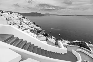 Houses of Santorini in black and white. Monochrome travel landscape, Greek architecture, summer vacation, holiday vibes. Greece village view