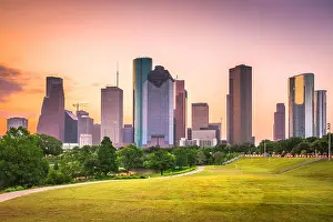 Houston, Texas, USA downtown city skyline and park at dawn