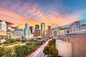 Houston, Texas, USA downtown park and skyline at twilight