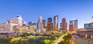 Houston, Texas, USA downtown park and skyline at twilight