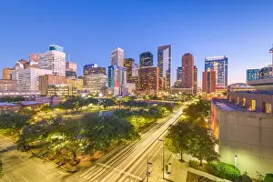 Houston, Texas, USA downtown park and skyline at twilight