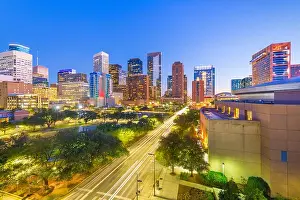 Houston, Texas, USA downtown park and skyline at twilight