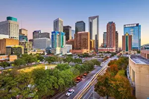 Houston, Texas, USA downtown park and skyline at twilight