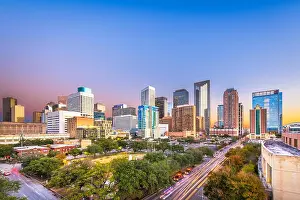 Houston, Texas, USA downtown park and skyline at twilight