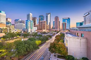 Houston, Texas, USA downtown park and skyline at twilight