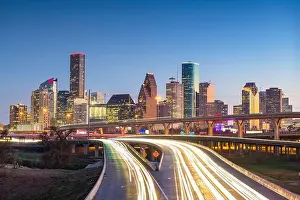 Houston Prints: Houston, Texas, USA downtown skyline over the highways at dusk
