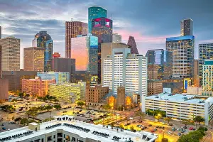 Houston Prints: Houston, Texas, USA rooftop downtown city skyline at dusk