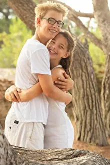 Sisters Prints: hug, siblings, forest