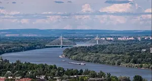 River Danube Prints: Huge bridge in Budapest, Hungary, called Megyeri bridge