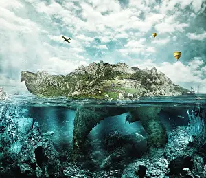 Earth Day Prints: Huge turtle in ocean overgrown forests and mountains to the village and the castle in the shell floats like an island