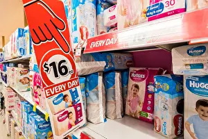 Nappy Prints: Huggies nappies for babies and small children on sale at a Coles supermarket in Sydney