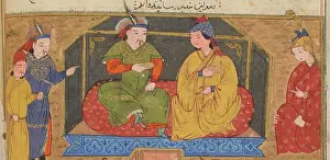 Illuminated Manuscript Prints: Hulagu Khan at a party. Miniature from Jami al-tawarikh (Universal History)