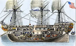 Quarters Prints: Hull of an American man-of-war cutaway diagram of deck plans and crew quarters amidships 1850s