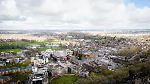 Hull University campus ariel drone view with buildings and city landscape