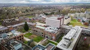Hull University campus ariel drone view with buildings and city landscape