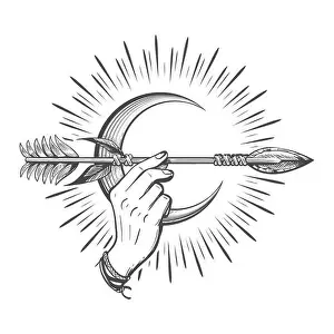 Archery Prints: Human Hand Holds Indian Arrow Against Crescent Moon. Mystical Symbol. Vector tattoo