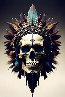 Forehead Prints: A human skull decorated with a Native American headdress and feathers featured prominently on the forehead