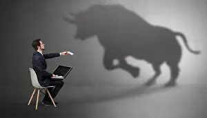 Nightmare Prints: Humble businessman staying and offering stuffs to a huge angry bull shadow