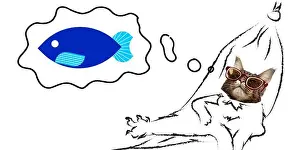 Charisma Prints: Humorous collage. Cartoon cat in sunglasses dreaming of blue fish with silly smile while resting in hammock